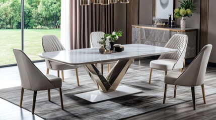 Fototapeta premium A modern dining table set in a spacious room with at least cm of surrounding space.