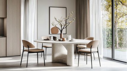 An elegant minimalist space in subdued military-inspired pastels, centered around a stone dining table with soft Nordic design elements and cinematic daylight.

