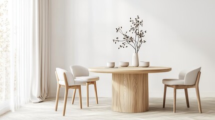 Fototapeta premium Elegant dining interior with round wooden table, neutral pastel tones, and Nordic chairs. Sunlight filters through sheer curtains, enhancing the cozy textures and clean, timeless design. 