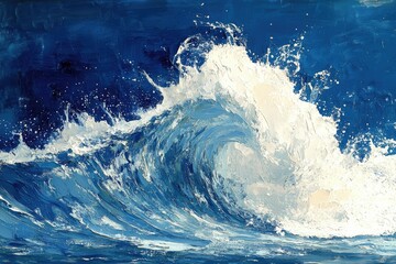 Fototapeta premium A powerful ocean wave crashing, depicted in a vibrant blue and white impasto painting style.