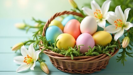 Obraz premium A vibrant Easter basket filled with colorful eggs surrounded by fresh greenery and blooming lilies, creating a bright and festive atmosphere for the holiday. Generative, AI,