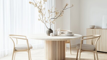 Peaceful modern dining room with a wooden table and Scandinavian chairs in soft pastels. Sheer curtains diffuse natural light, creating a clean, elegant space with harmonious textures.
