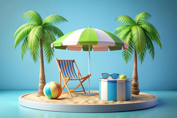 Idyllic beach scene deck chair, beach umbrella, palm trees, ball, sunglasses, and a small table on a tropical island.