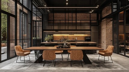 A modern loft apartment featuring a bold rectangular dining table centerpiece.