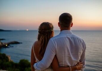 Fototapeta premium Romantic couple watching sunset by the sea