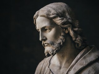 Timeless Profile of Jesus Christ as an Ancient Statue Evoking Profound Themes of Faith Suffering Immortality and Divine Redemption