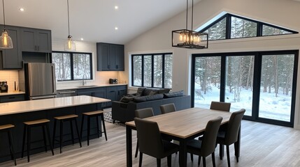 Fototapeta premium A modern open-concept kitchen with warm yet bright lighting for a welcoming feel.