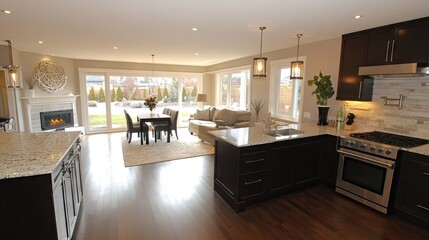 A modern open-concept kitchen with warm yet bright lighting for a welcoming feel.