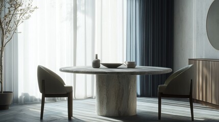 Fototapeta premium A serene minimalist dining room with a round or oval stone table, grunge style modern , natural light streaming through sheer curtains, galaxy blue and Eden colors clean and elegant interior design