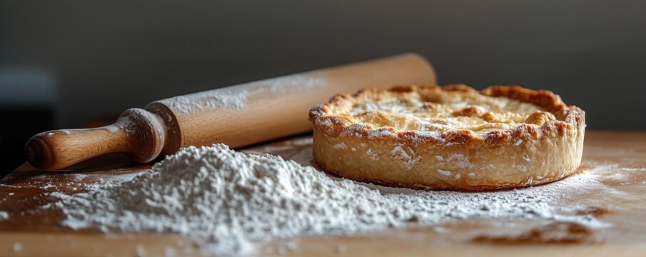 Flaky pie crust with flour dusted on top, beside it is an old wooden rolling pin and the surface underneath has white powder scattered around. Baking in the kitchen and Pi Day concept.