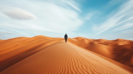 Lone figure trekking across expansive desert dunes under a vibrant sky