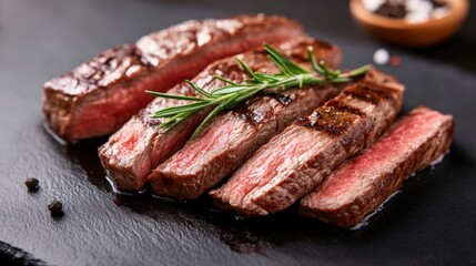 sliced medium rare steak with rosemary