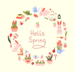 Spring illustration in the form of a wreath with flowers, plants, rabbits, garden accessories. with the inscription "hello, spring". suitable for cards, invitations, spring decor