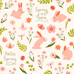 A spring seamless pattern with cute rabbits, flowers, lettering, leaves and natural elements in soft pastel colors. Perfect for textiles, packaging, cards, wallpaper, stationery, wrapping
