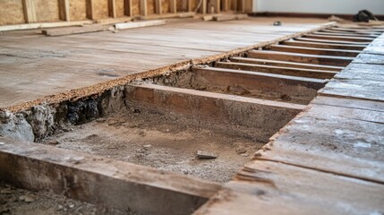 Obraz premium A partially removed wooden floor revealing a concrete subfloor with signs of moisture seepage.