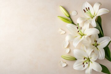 Fototapeta premium white lilies with green leaves on light textured background