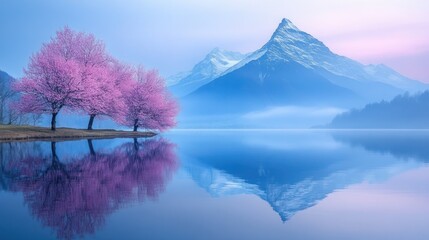 Peaceful mountain lake with cherry blossoms