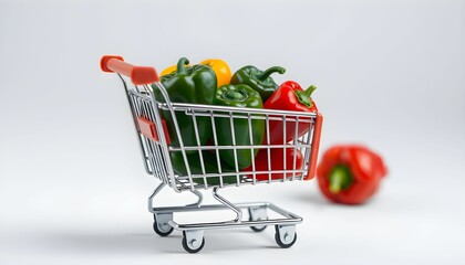 Shopping cart, miniature, fresh vegetables, green peppers, red tomatoes, grocery store, product photography, studio lighting, white background, realistic, macro, high detail, vibrant colors