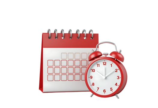 3d Red Calendar with clock icon on isolated purple background. Reminder notification or Time management concept. Website Ui design icon. Minimal 3d cartoon red calendar time zone icon. 3d render. 