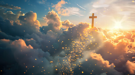 Fototapeta premium with the Christian cross,Stairway to heaven in heavenly concept. Religion background. Stairway to paradise in a spiritual concept. Stairway to light in spiritual fantasy.