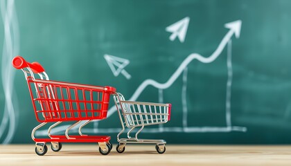 Shopping cart, rising graph, financial growth, retail success, market trends, consumer confidence, economic indicators, miniature, teal background