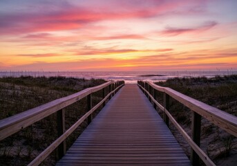 Fototapeta premium Wooden boardwalk leading to sunset beach