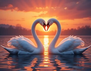 Fototapeta premium Loving Swans at Sunset: A Romantic Heart-Shaped Silhouette