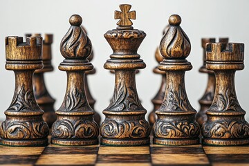 Ornate wooden chess pieces arranged on a board, showcasing a king flanked by bishops and rooks.