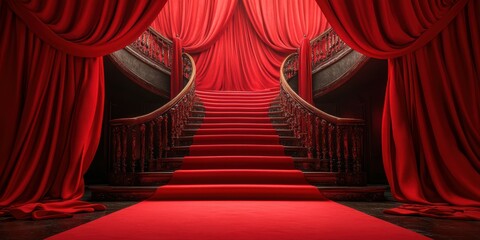 Elegant red staircase with dramatic drapery creates a grand and inviting entrance for a special event