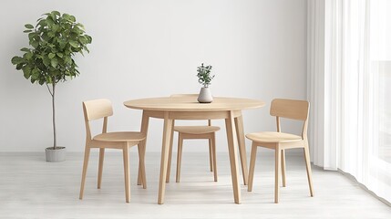 A round dining table with four chairs, placed comfortably in a small room.