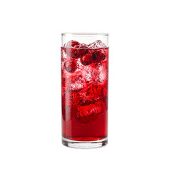 Refreshing cranberry juice in a glass with ice cubes and floating cranberries vibrant red against a white backdrop