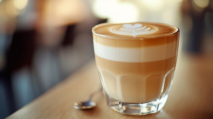 Photograph of a creamy latte served in a clear glass cup, showcasing the layers of espresso and steamed milk. The top is decorated with delicate latte art in the shape of a heart.