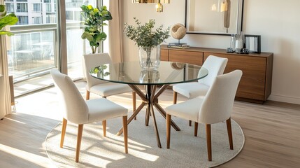 A round glass dining table placed in a small but well-lit urban apartment.