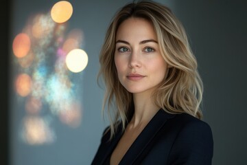 Fototapeta premium Portrait of a confident young woman with blonde hair, wearing a black blazer, against a bokeh background.