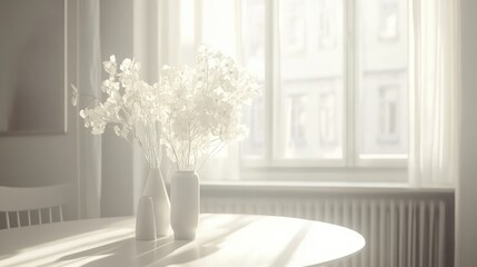 A Scandinavian-style dining area with a round table and soft natural light.