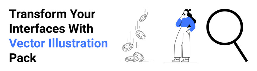 Woman pondering next to falling coins and a magnifying glass, representing financial growth, creativity, and exploration. Ideal for finance, economy, analysis, creativity, problem-solving