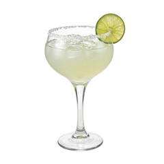 Refreshing margarita cocktail in a wide rimmed glass with a salted edge lime green liquid and a fresh lime wedge
