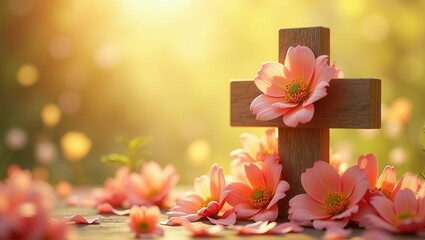 A wooden cross adorned with colorful flowers, set against a warm, sunlit backdrop, symbolizing Easter and spring renewal. Generative, AI,