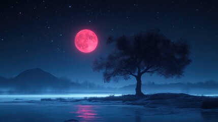Pink moon, tranquil night, misty lake, lone tree