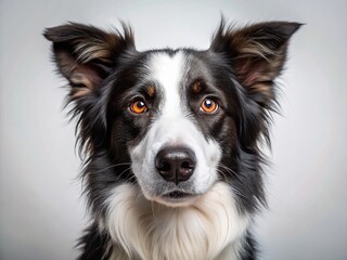 Funny Close-Up Border Collie Dog Face, Isolated White Background - Stock Photo