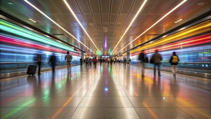 Travelers move briskly through a vibrant, light-filled airport terminal.