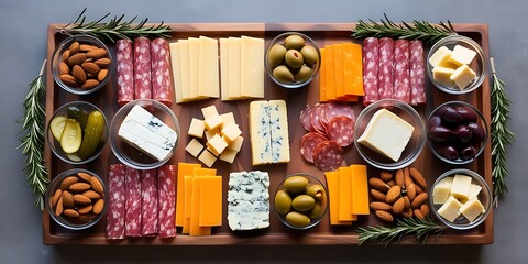 Gourmet charcuterie board with an assortment of cheeses, cured meats, olives, almonds, and fresh herbs, arranged beautifully on a wooden tray for an elegant appetizer presentation

