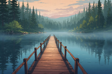 Naklejka premium Foggy lake with a wooden bridge disappearing into the misty horizon in anime style