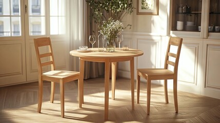 Fototapeta premium A small round wooden dining table with matching chairs in a bright interior.