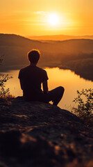Solitary person sits overlooking water at sunset. Landscape view with orange sky and distant hills. Silhouette figure contemplates the scenic vista in nature