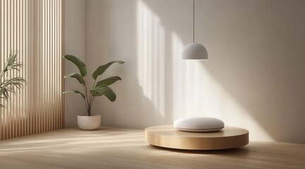 Minimalist interior space with plant and modern light fixture, bathed in natural light. Mockup