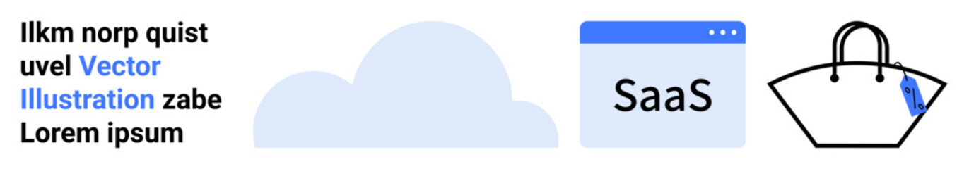 Cloud symbol, SaaS webpage, shopping bag with a tag blending digital services and e-commerce. Ideal for software, cloud computing, online retail, SaaS integration, digital business, modern startups