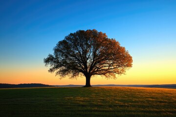 Fototapeta premium A majestic oak tree stands alone in a vast field during a vibrant sunset, showcasing nature's beauty.