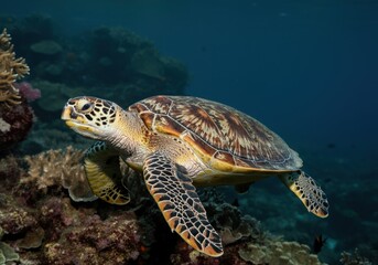 Sea turtle swimming over coral reef underwater