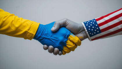 Handshaking Flags of Ukraine and the U.S. Together. Representing Strong Alliances, Support, and Shared Goals.